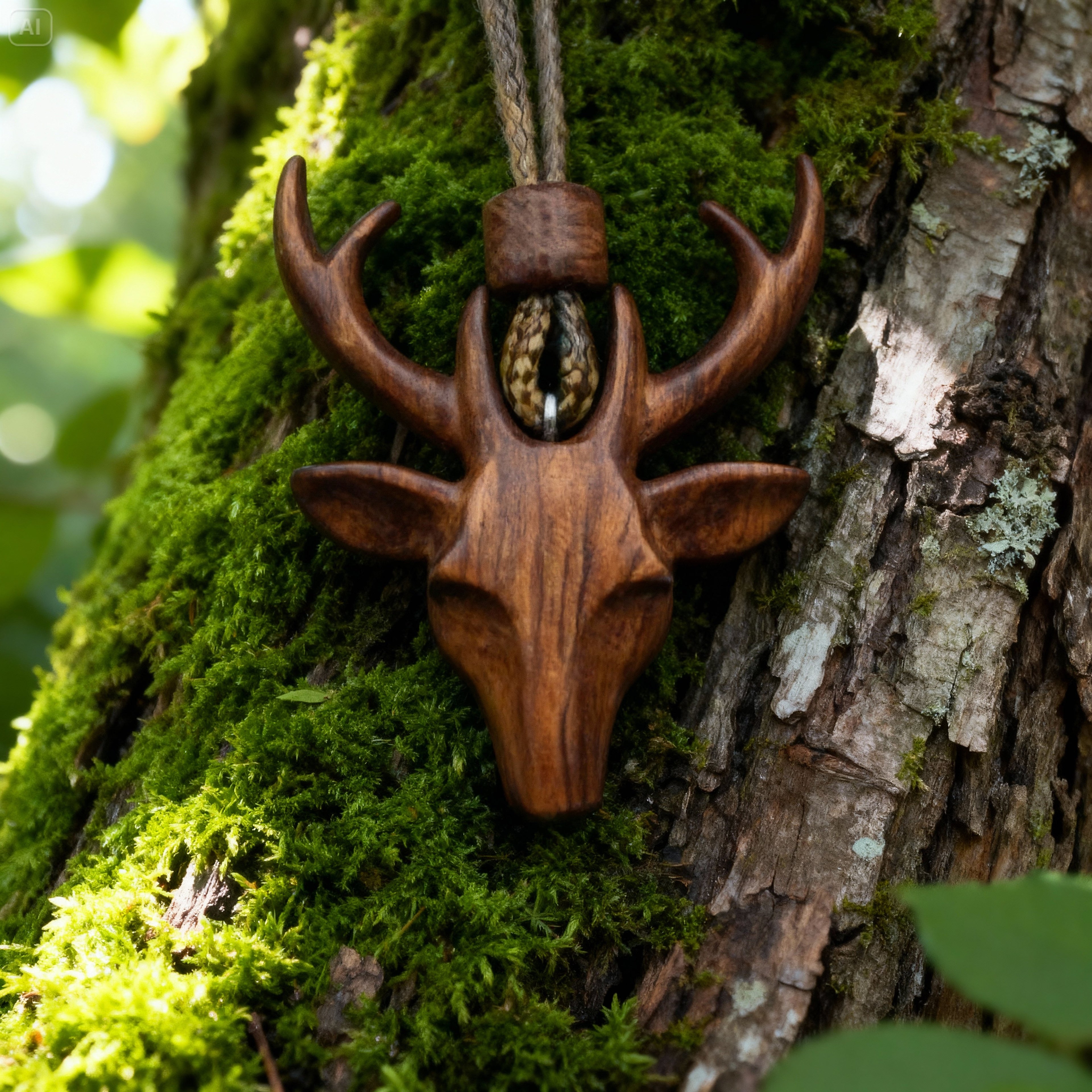 Pendentif en bois – Tête de Cerf en Bois Sculpté
