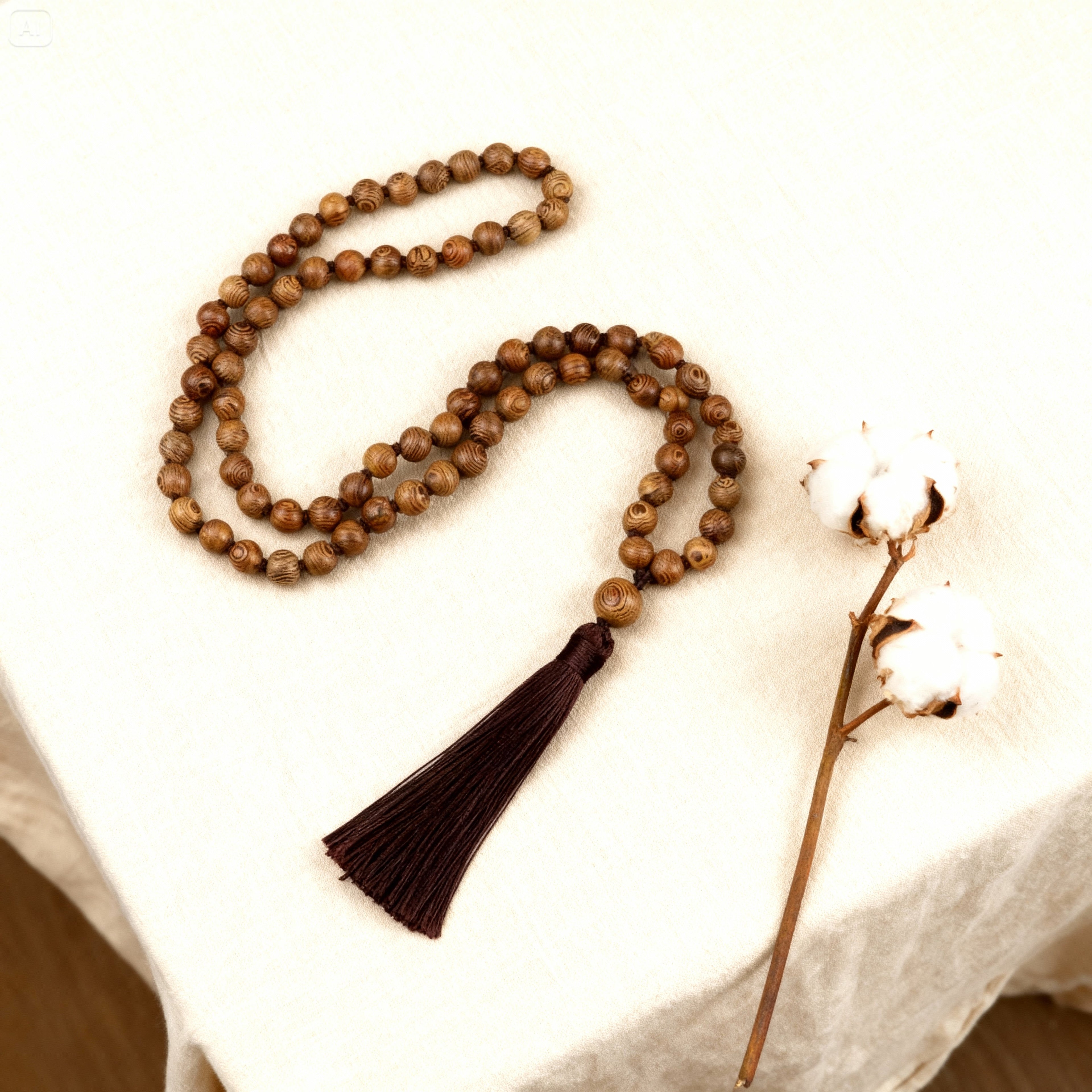 Collier en Bois Veiné et Pompon Soyeux