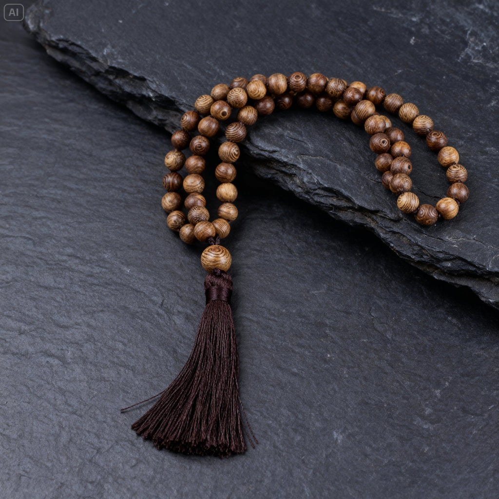 Collier en Bois Veiné et Pompon Soyeux