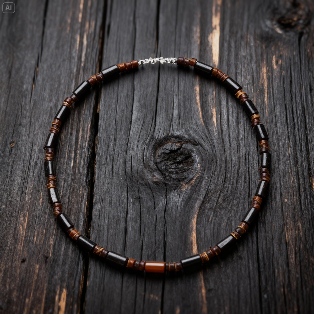 Collier en Perles de Bois et Pierre Noire