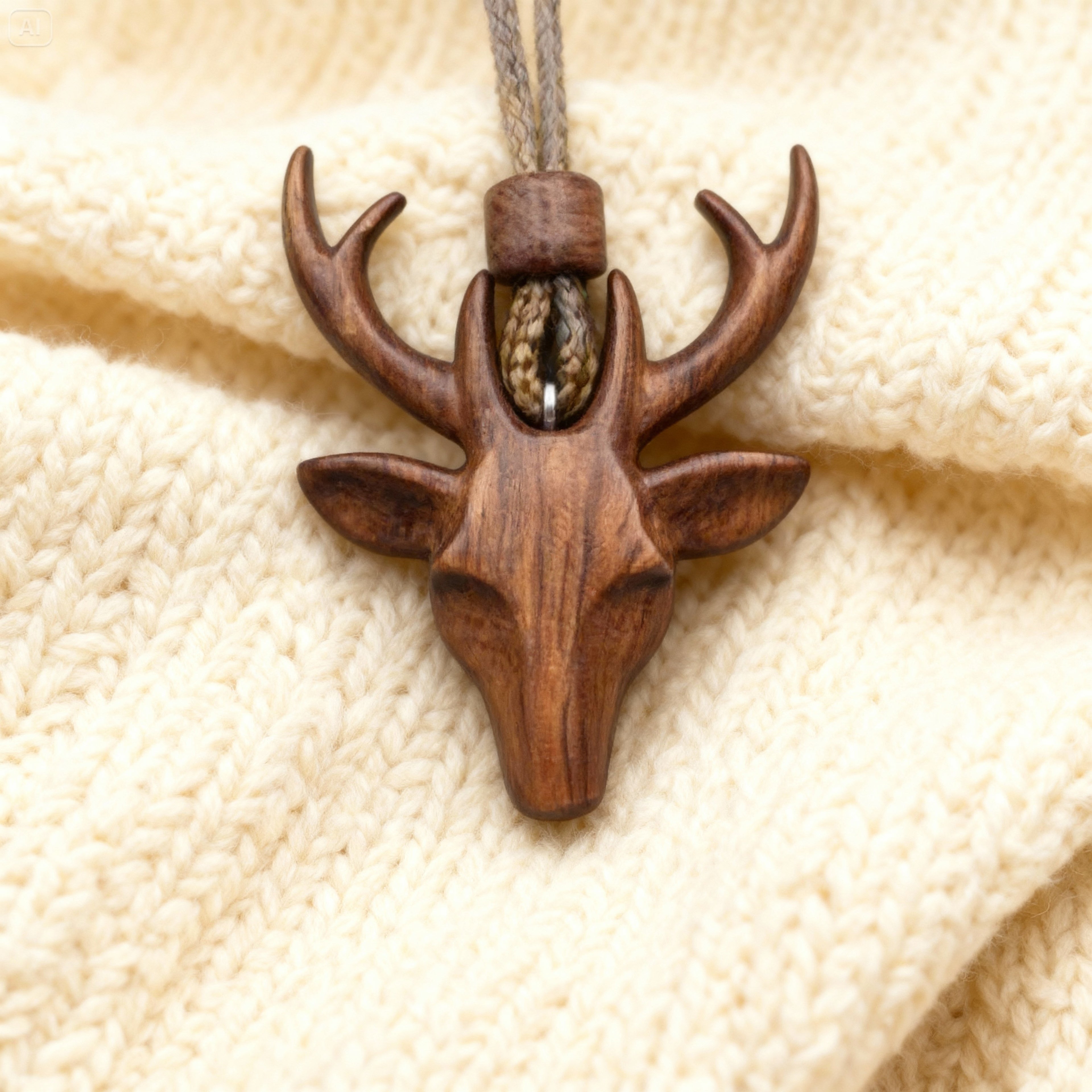 Pendentif en bois – Tête de Cerf en Bois Sculpté