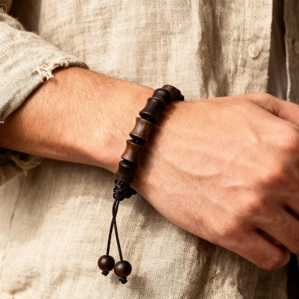 Bracelet Ajustable en Perles de Bois Sculpté