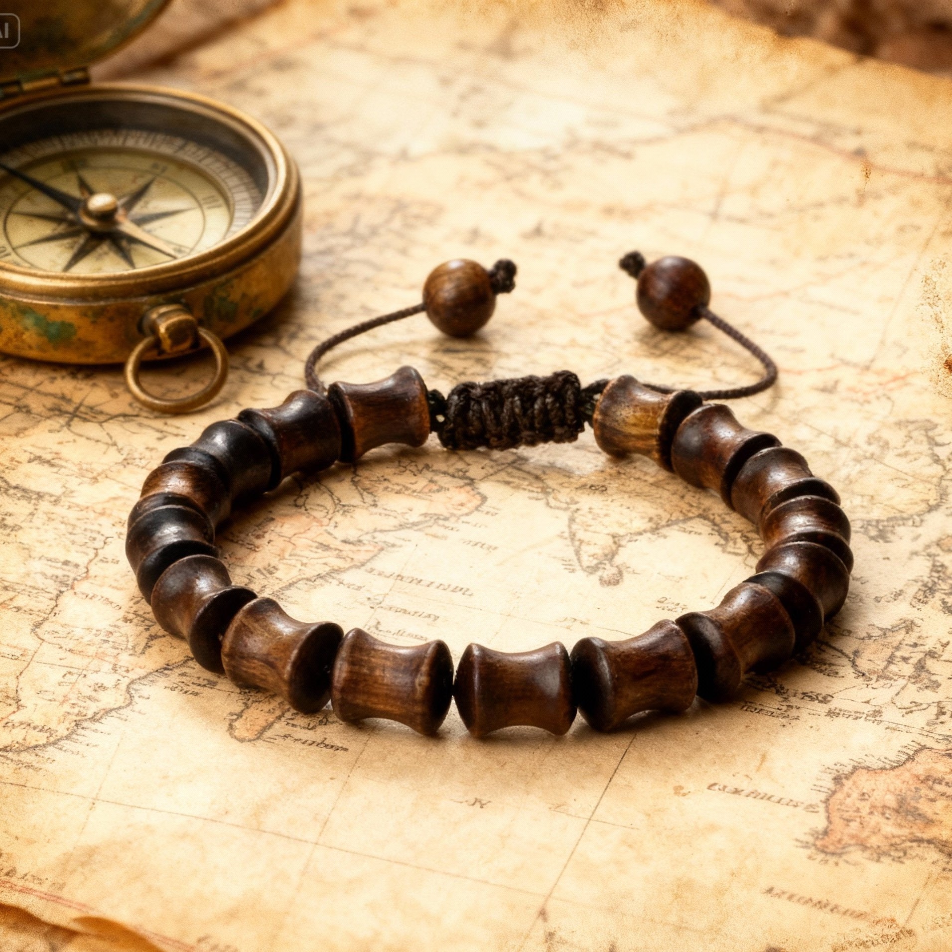 Bracelet Ajustable en Perles de Bois Sculpté