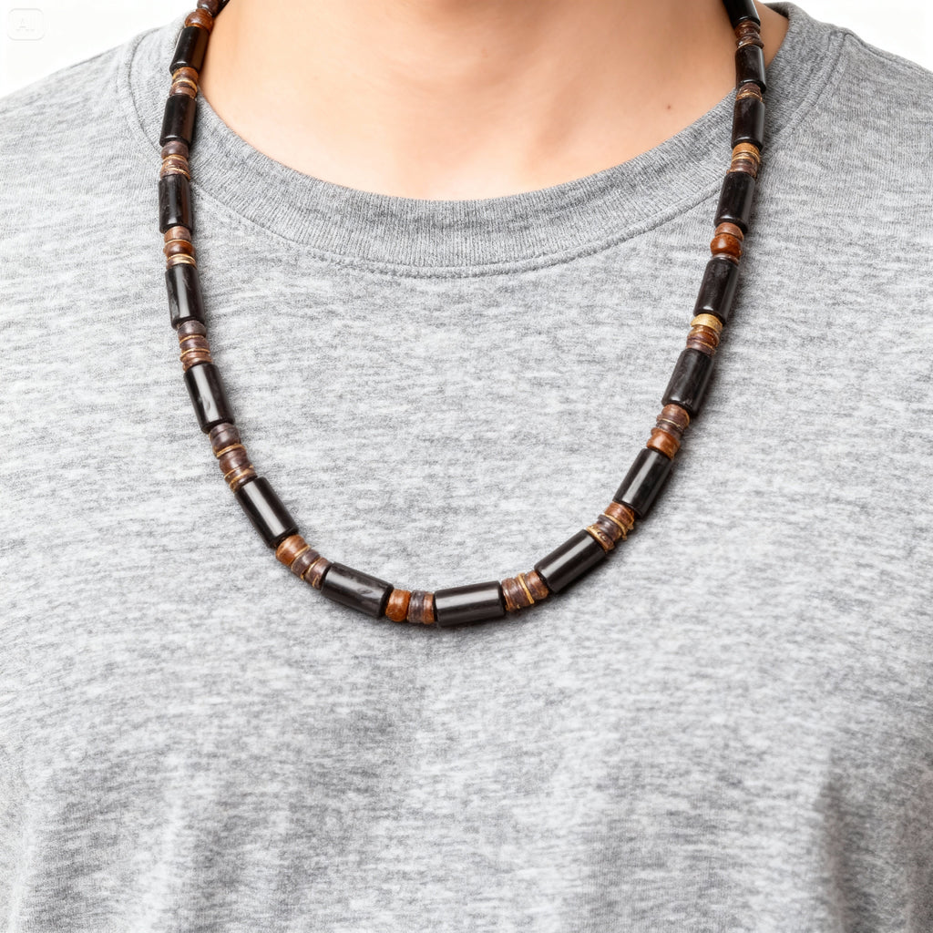 Collier en Perles de Bois et Pierre Noire