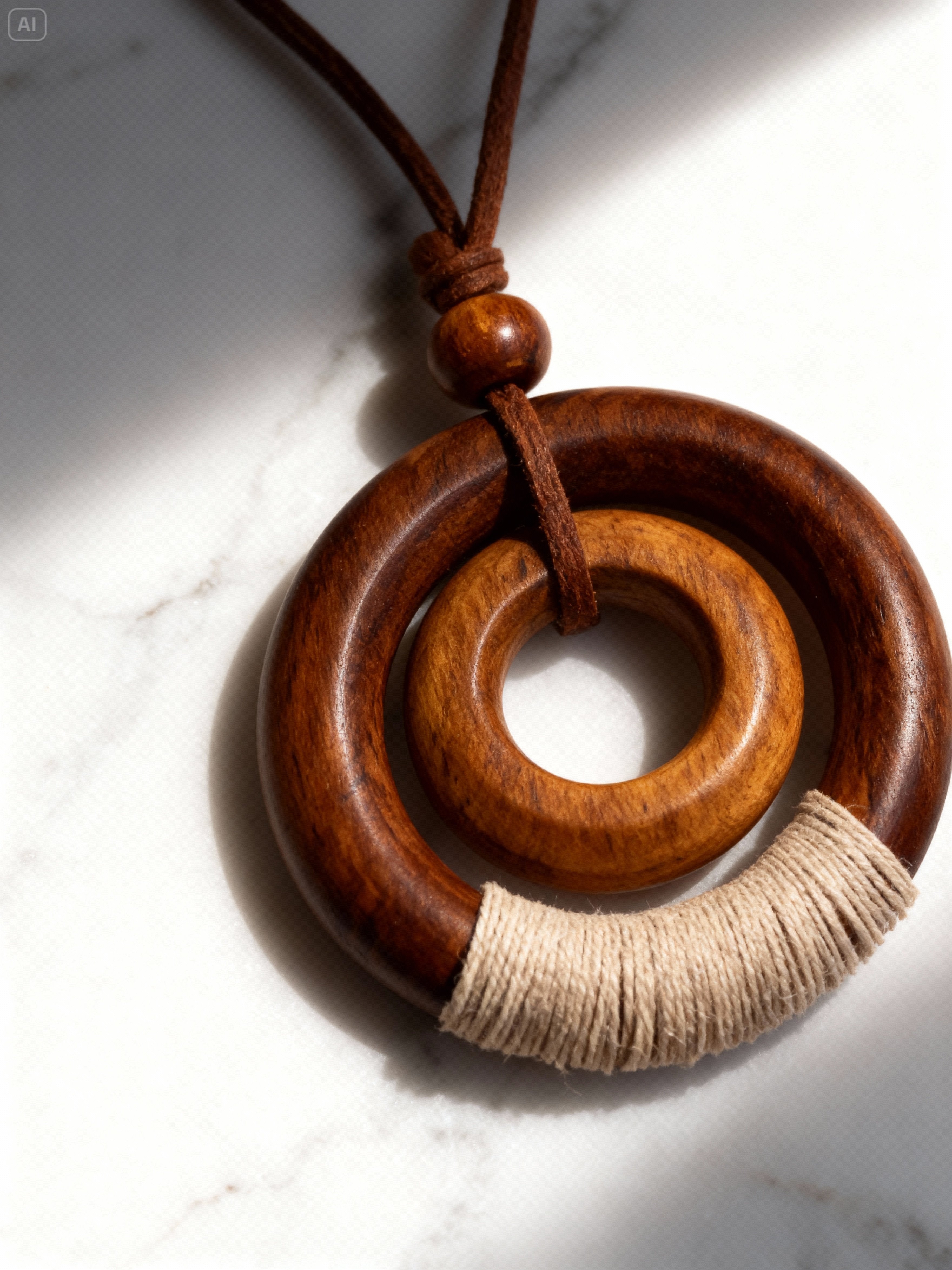 Collier Pendentif en Bois et Cordelette