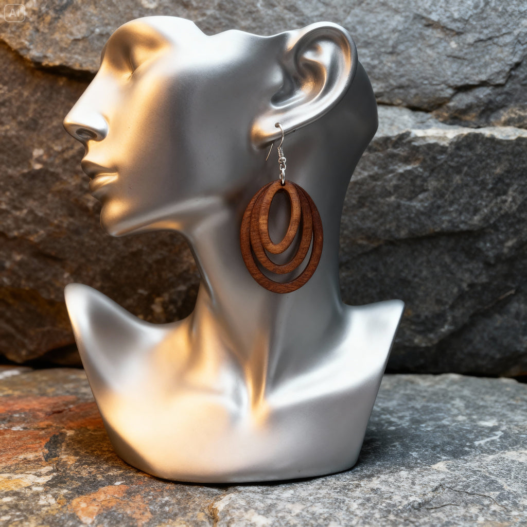 Boucles d'oreilles Pendantes en Bois - Design Triple Ovale