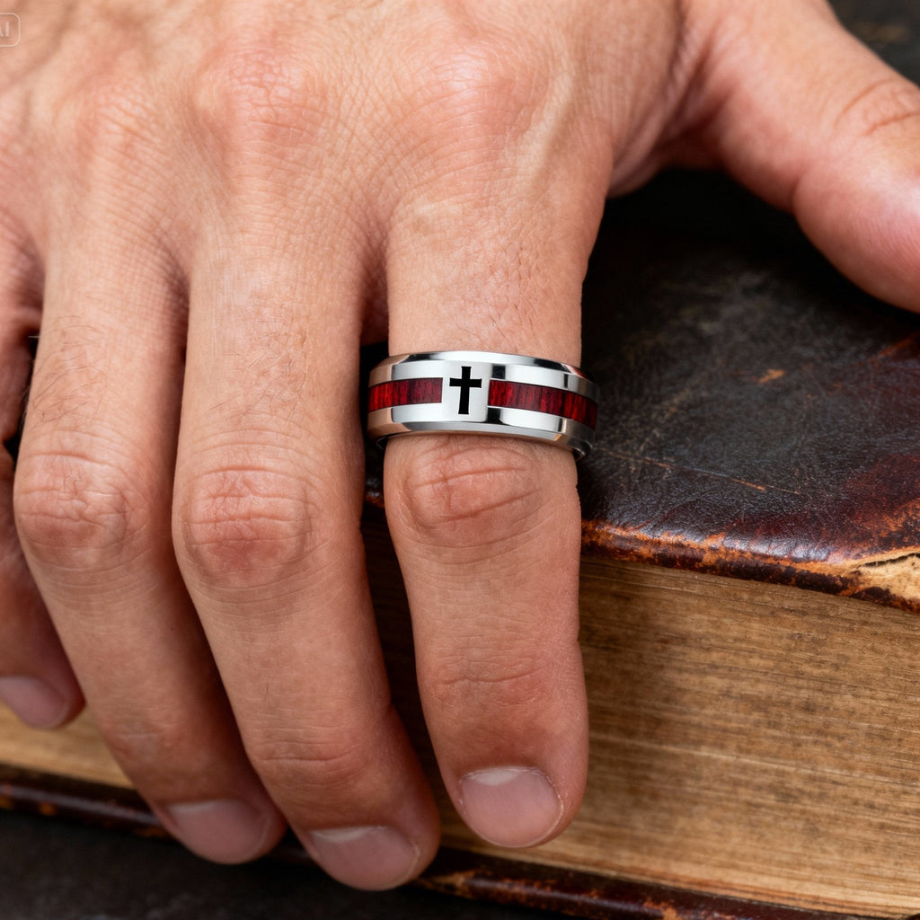 Bague en Bois et Croix Chrétienne