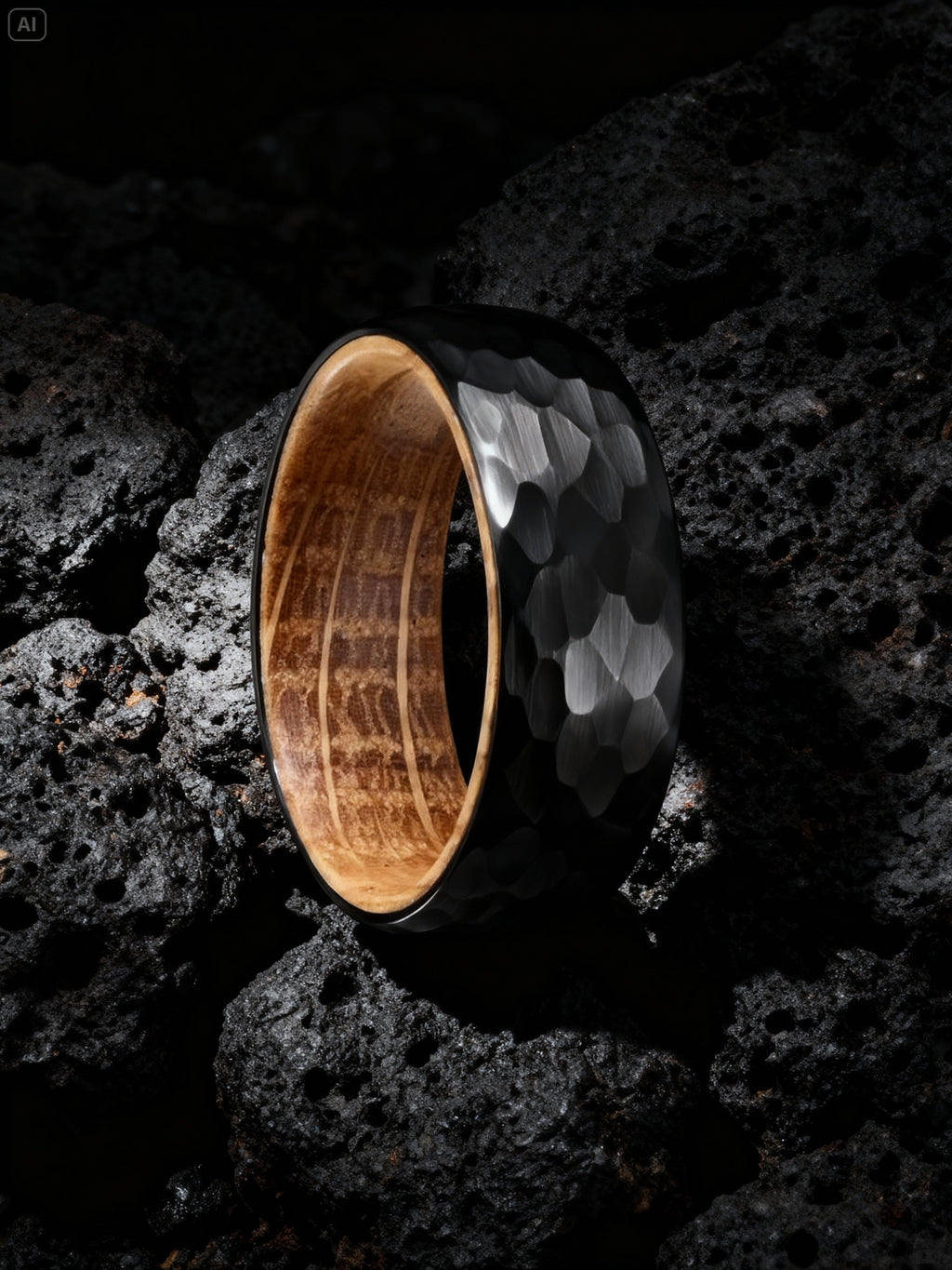 Bague en Bois de Fût de Chêne et martelé Noir
