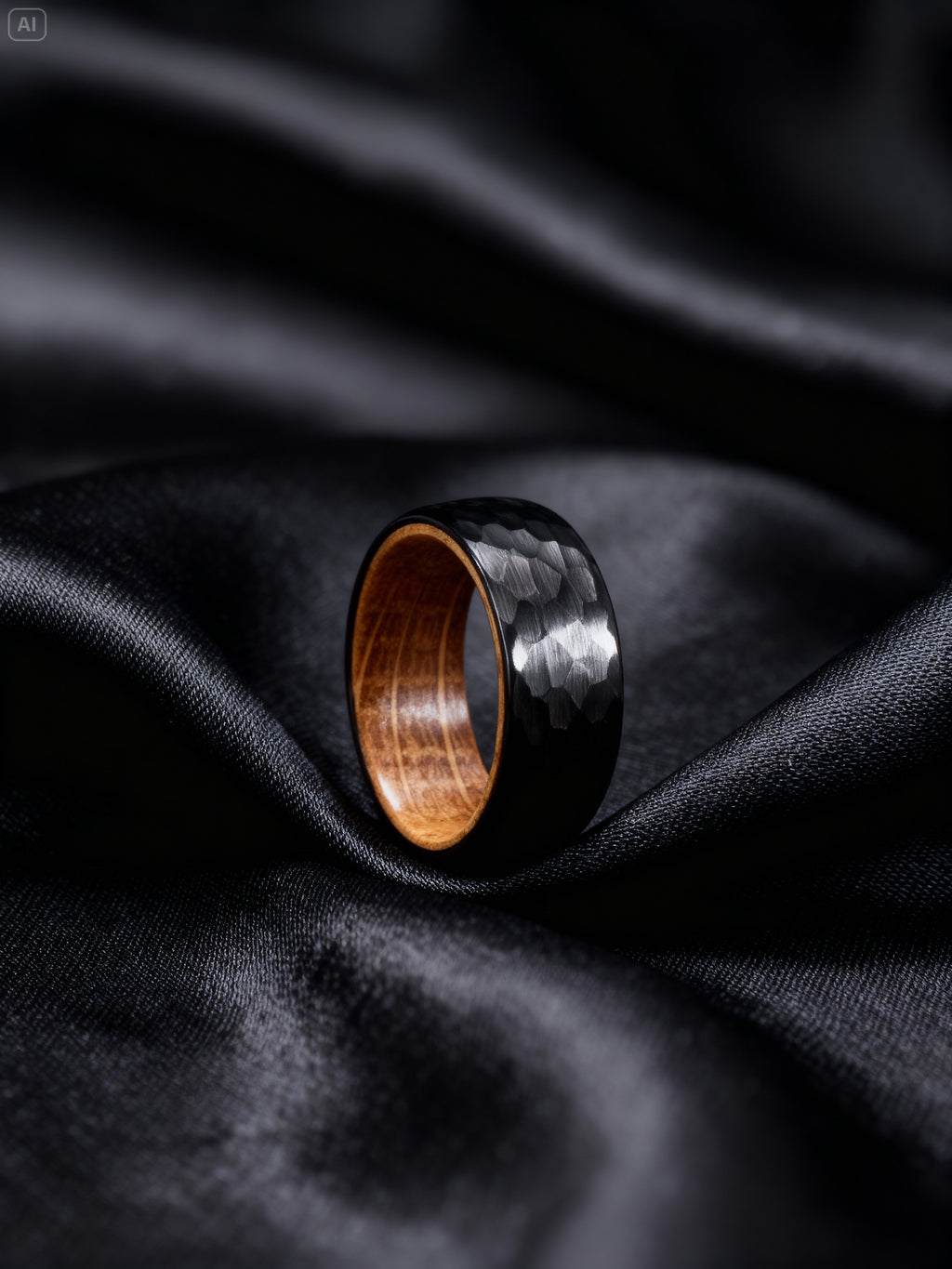 Bague en Bois de Fût de Chêne et martelé Noir