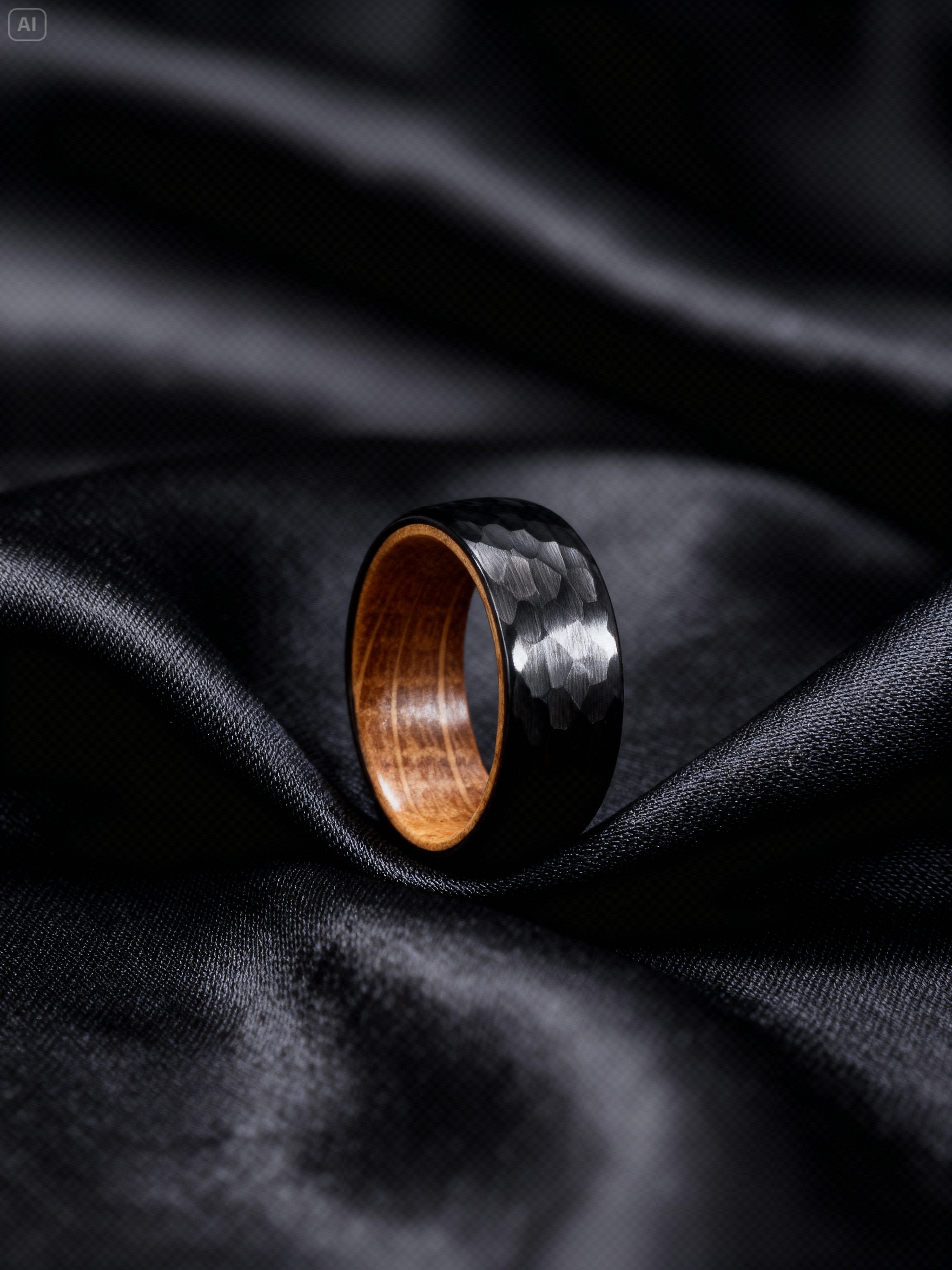 Bague en Bois de Fût de Chêne et martelé Noir