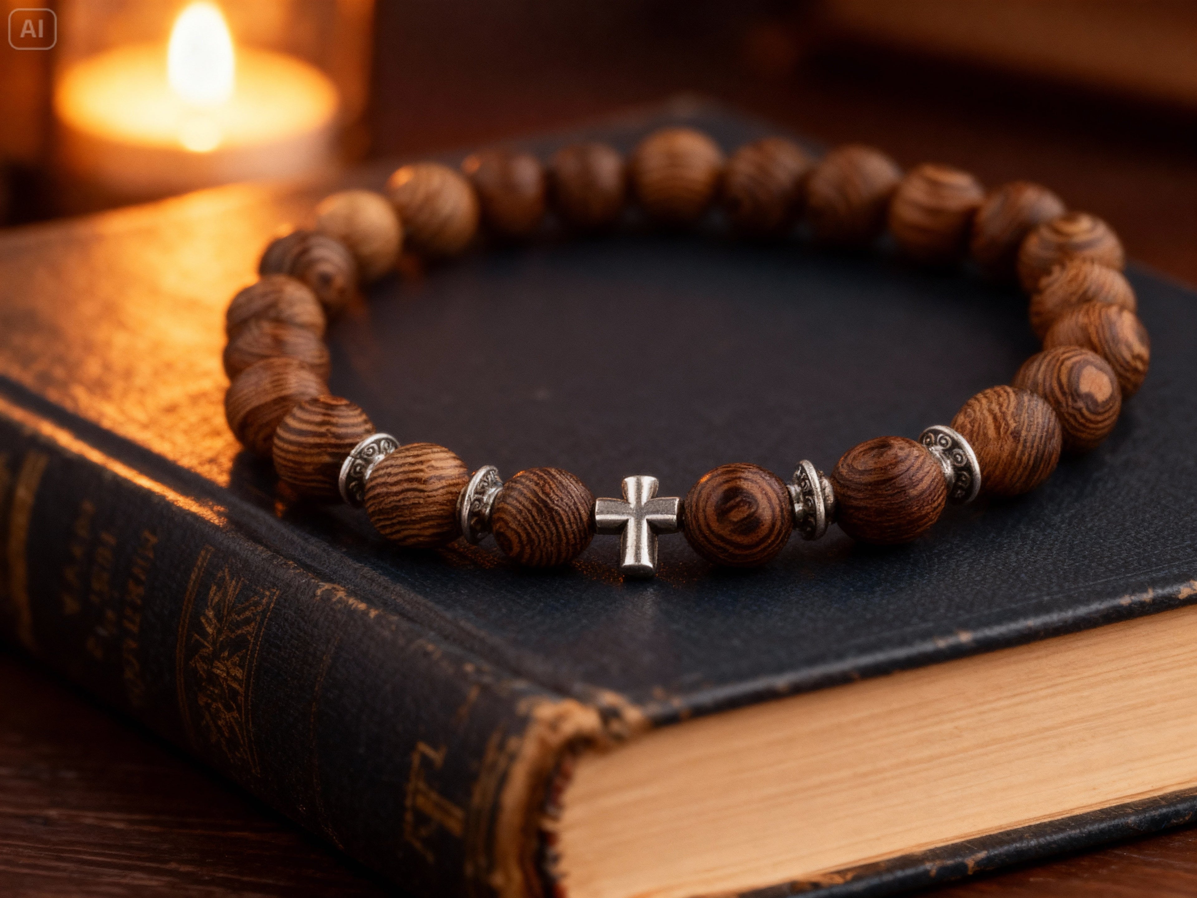 Bracelet en Perles de Bois avec motif argenté