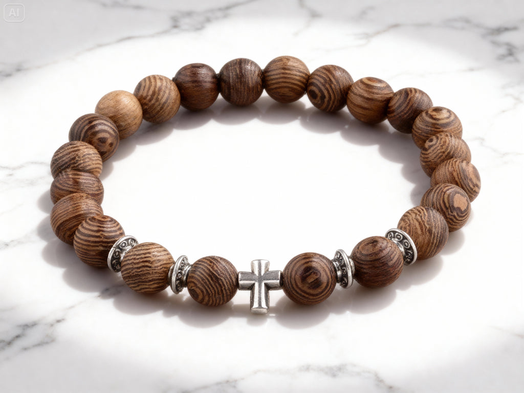 Bracelet en Perles de Bois avec motif argenté